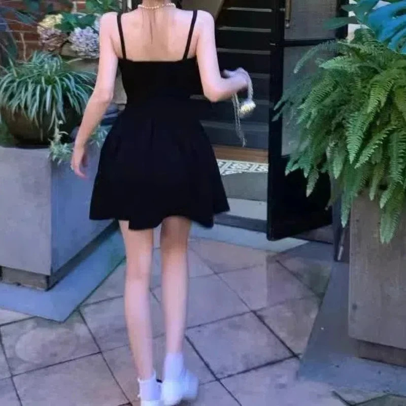 Full matching summer solid color pullout womens clothing Camisol slant neck mini skiing ALine aesthetic Korean fashion dress 241007