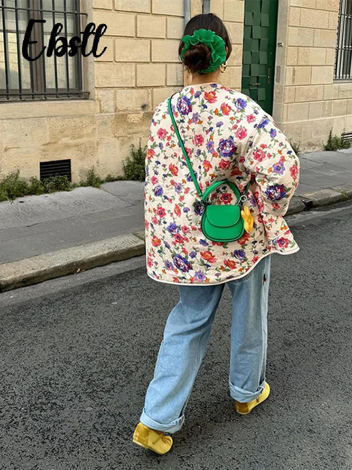 Fashion printed cotton jacket for women elegant O-neck single chest pocket jacket autumn womens casual top 241007