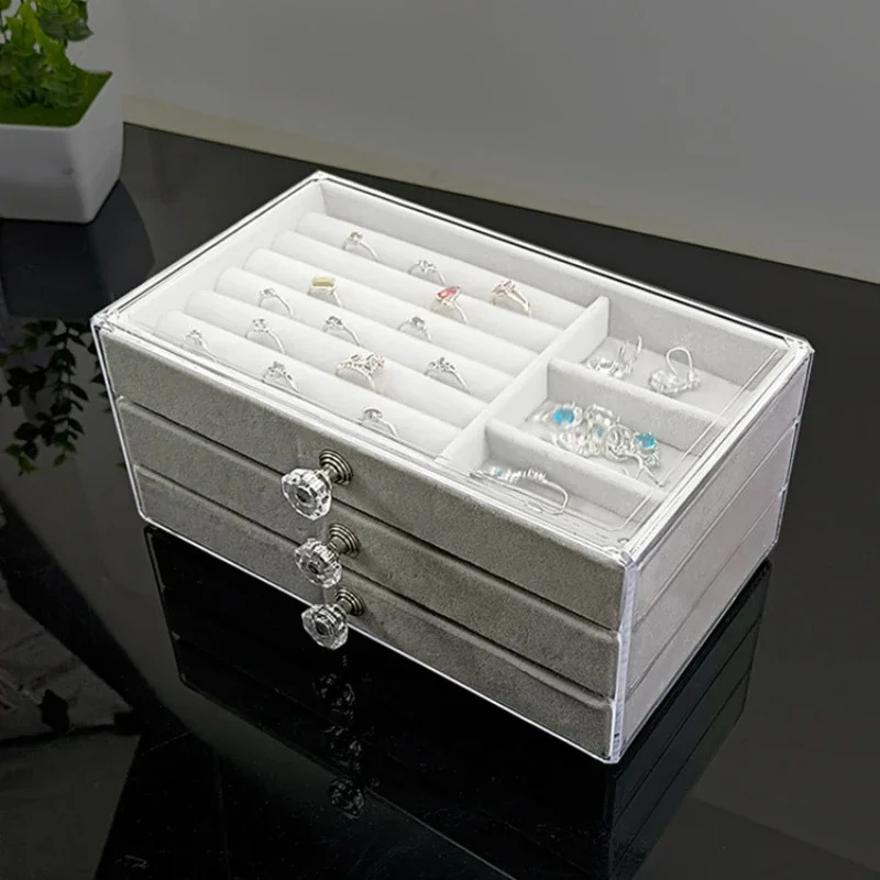 3-layer transparent jewelry organizer large ring necklace earrings makeup stand womens velvet jewelry box 240924