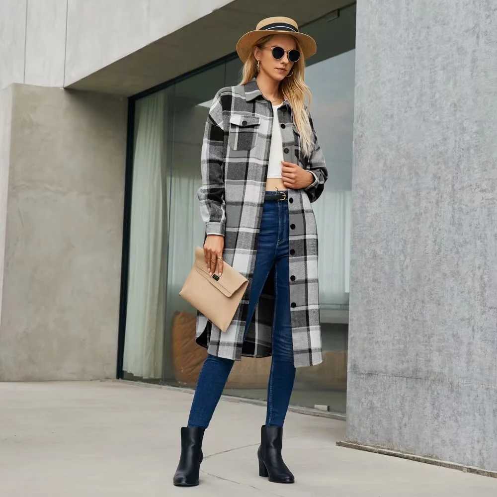 2024 New Autumn Shirt Coats Side Slit Lapel Loose Woolen Y2K Wool Trench Coat Women Long Sleeve Plaid Coat Pockets Shirt JacketsX241009