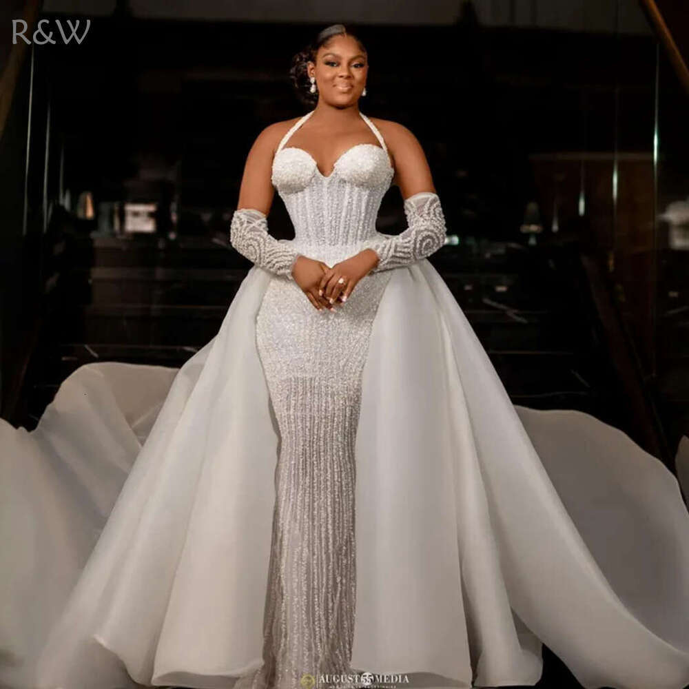 R&W 2024 Plus Size Bride With Detachable Train urious Mermaid Wedding Dress Bridal Gowns Halter Bead Lace Marriage Gown For African Black Women D309