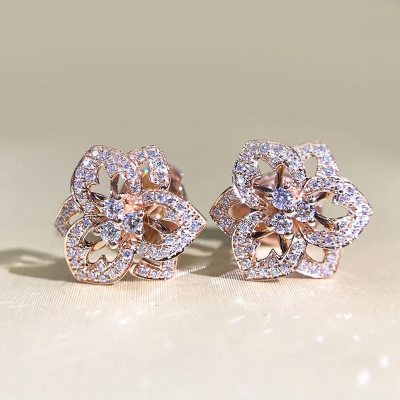Stud Earrings 925 Sterling Silver Stud Hollow Rose Diamond Stud Women Fashion Sparkling Crystal Stud Engagement Party Jewelry