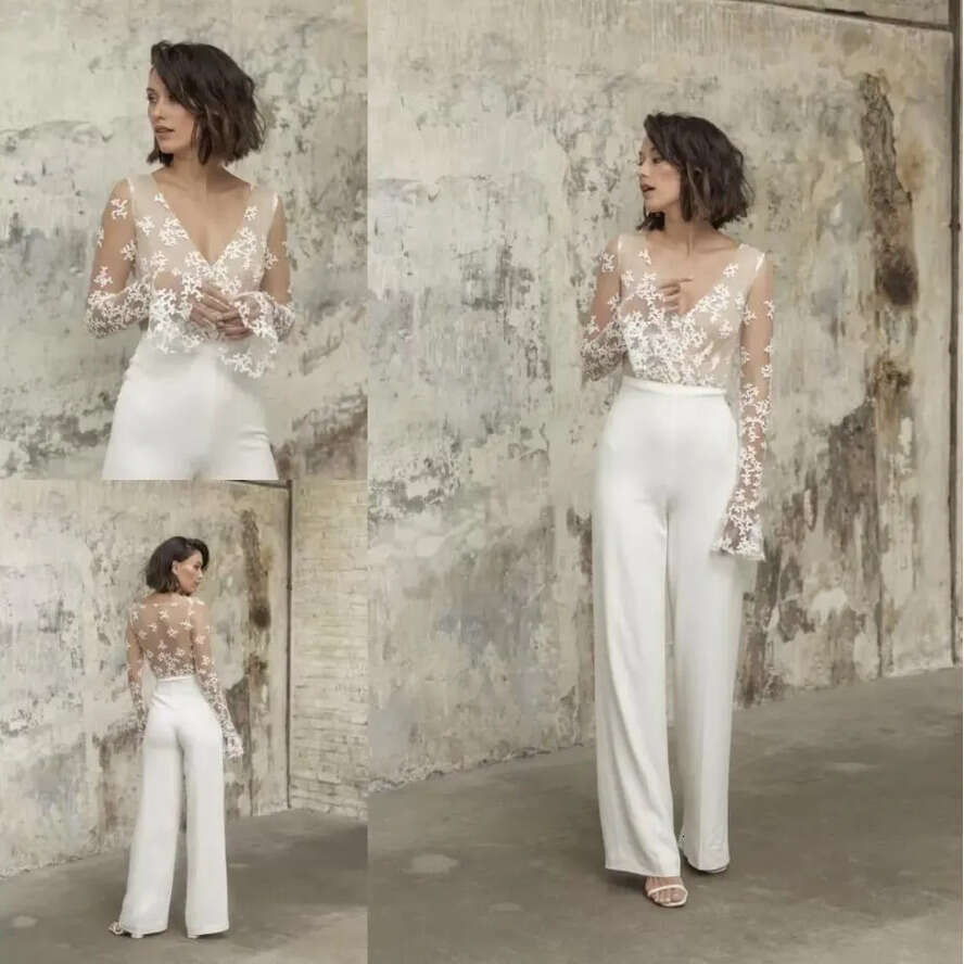 Jumpsuits Pcs One Bridal Outfit Beach Wedding Dresses Ankle Length Lace Long Sleeves Brides Reception Gowns Sheath Boho Women Pants Suit