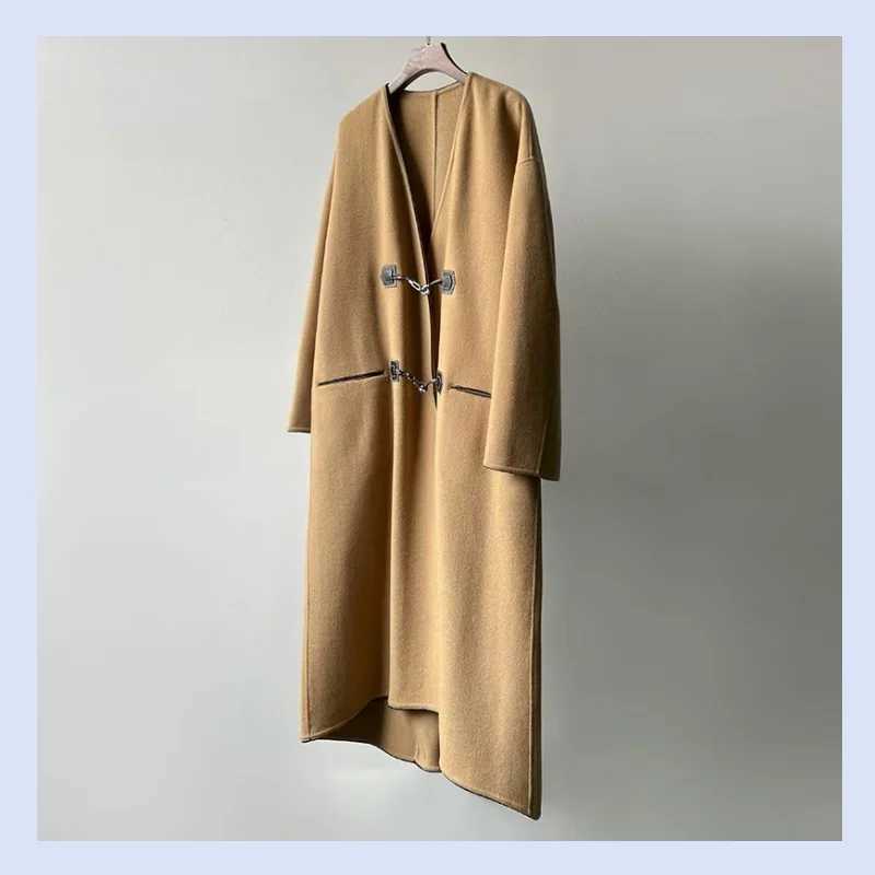 Autumn and winter Swedish leather buckle double-sided woolen loose retro hook elegant womens coat jacketX241009
