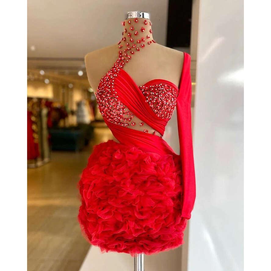 Red NEW Mini 2022 Mermaid Tail Dresses Beading Sheer High Neck One Shoulder Long Sleeve Lace Appliques Arabic Prom Evening Dress Gown Vestidos De Gala