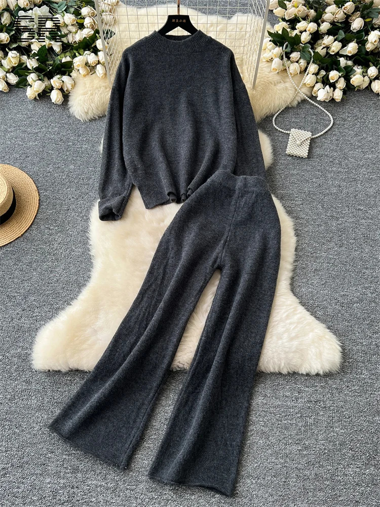 SINGREENY Fashion Split Cashmere 2piece Womens Oneck ZipperWide Leg Pants Autumn Thick Casual Knitted Set 241009