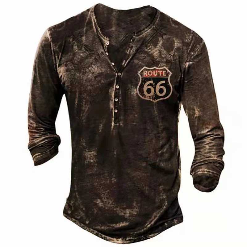 Retro mens T-shirt with buttons spring/summer cotton V-neck long Sleeve Route 66 letter printing mens oversized T-shirt CL241009