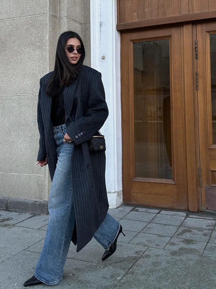 Fashion Dark Grey Stripe Lapel Double Breasted Overcoat Women Full Sleeve Loose Long Coat 2024 Autumn Winter Lady Commute Jacket 240930
