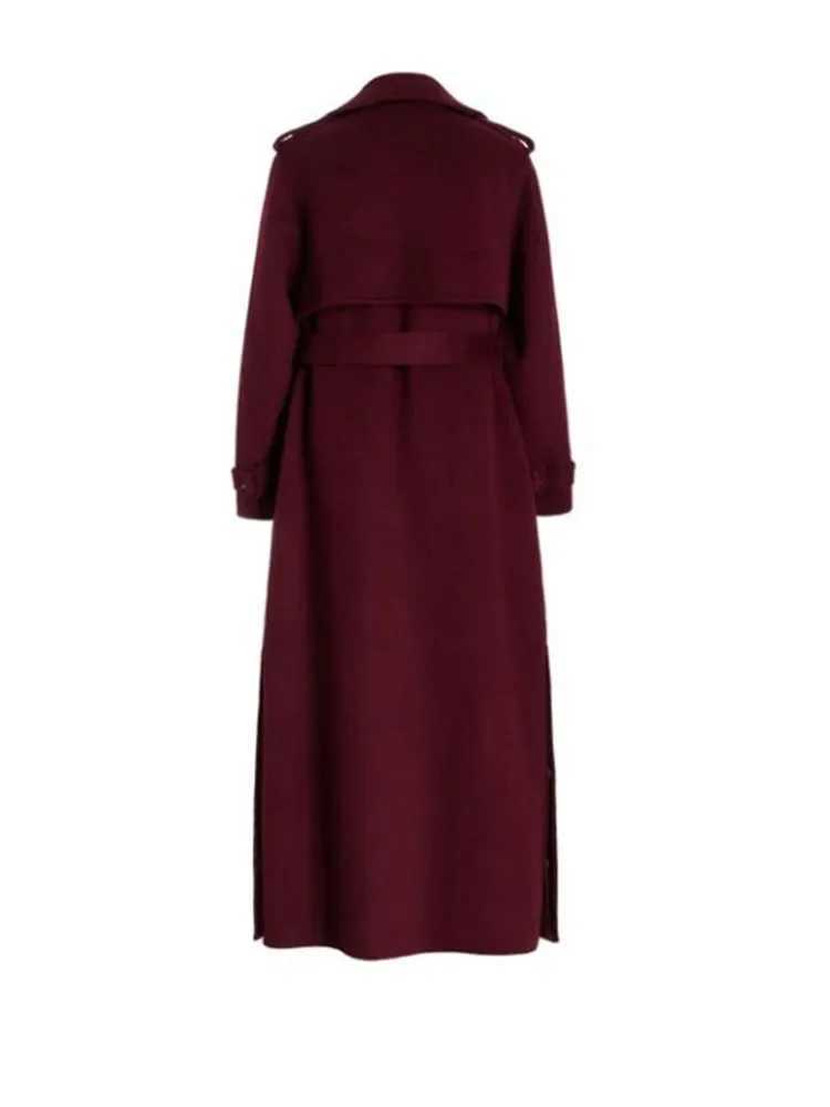 Wine Red Double Breasted Woolen Trench Coat Women Casual Lapel Long Sleeves Long Overcoat 2024 New Lady Commute Office OuterwearX241009