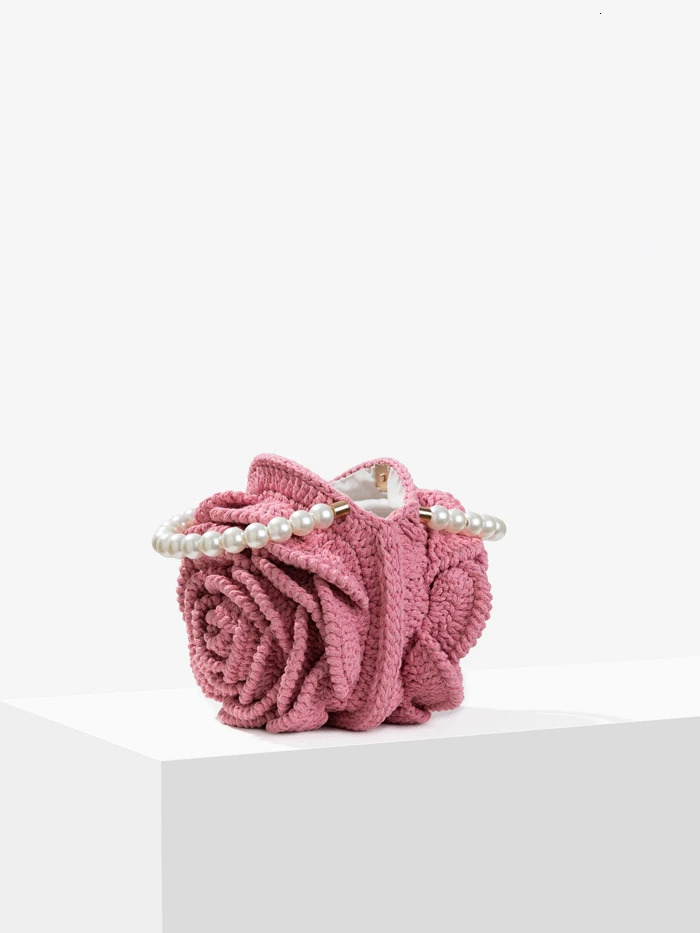 Crochet rose club chic night party handbag wallet woven jacquard bag pink iovry item 241008