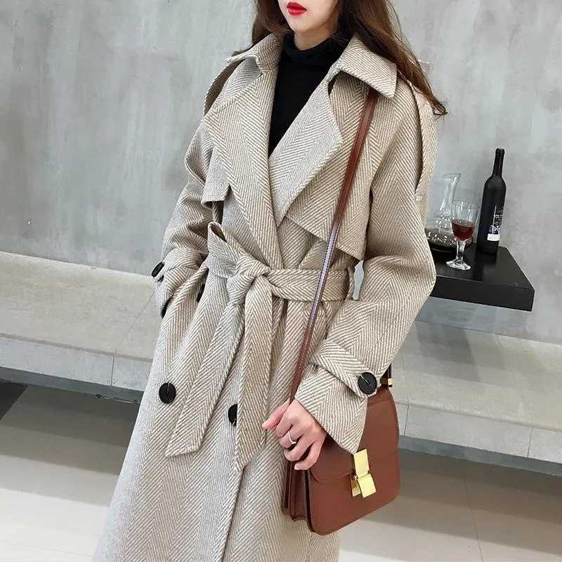 Womens Woolen Coat Autumn Winter Korean Long Sleeve Double Breasted Pocket Sashes Parkas Wool Jackets Loose All Match OvercoatX241009