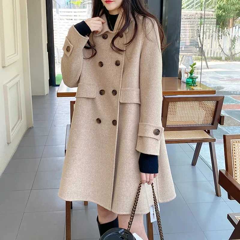 Fashion Double Sided Woolen Coat Spring Autumn Winter Coat Womens Korean Mid Length Double Breasted Buckle Woolen OuterwearX241009