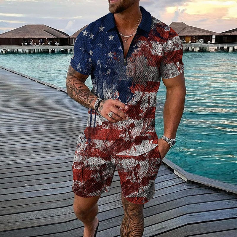 3D printed American flag mens track suit short sleeved zipper collar polo shirt short sleeved set 2-piece mens streetwear set 240930