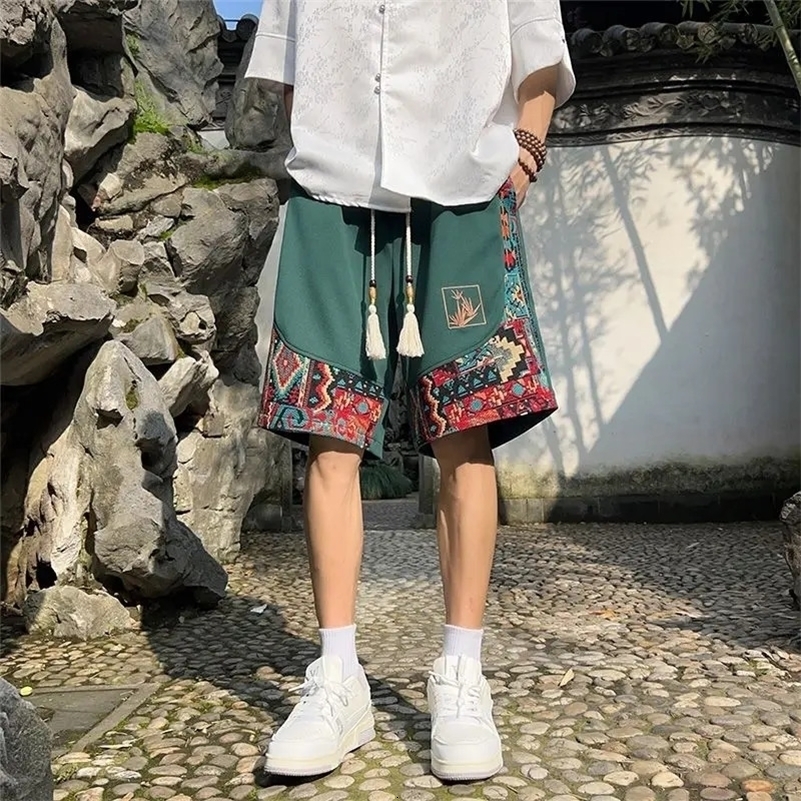 Embroidered shorts mens summer loose casual national trend medium pants trendy large size sports outer wear 5-point pants 241008