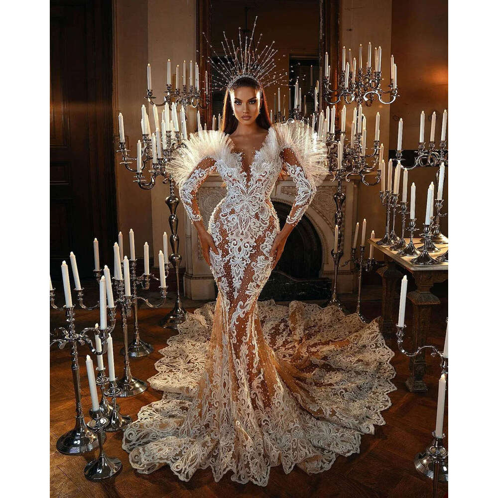 Gorgeous Wedding Dresses Mermaid V-Neck Appliques Pearls Long Sleeve Princess Bride Dress Vestido de novia Custom Made