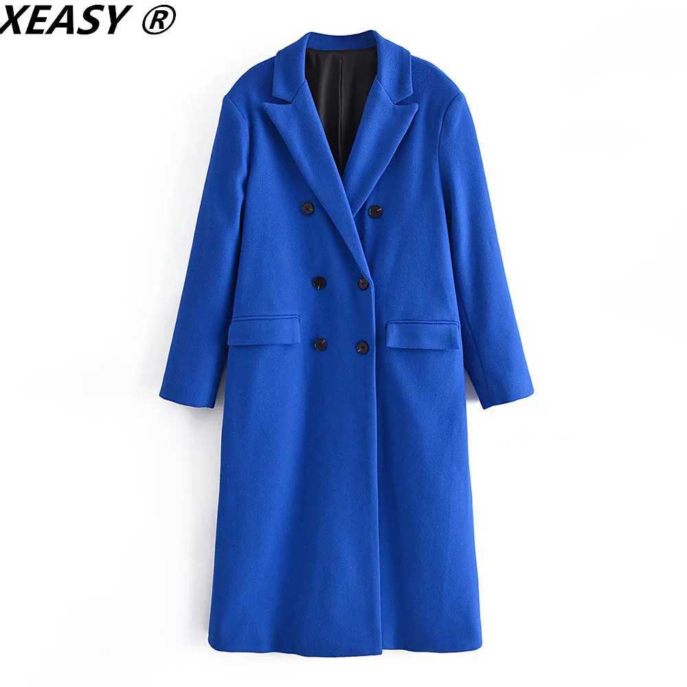 XEASY Womens Coat Autumn Woolen Coat Long Overcoat Jackets For Women 2021 Blue Womens Long Jacket Cardigan StreetwearX241009
