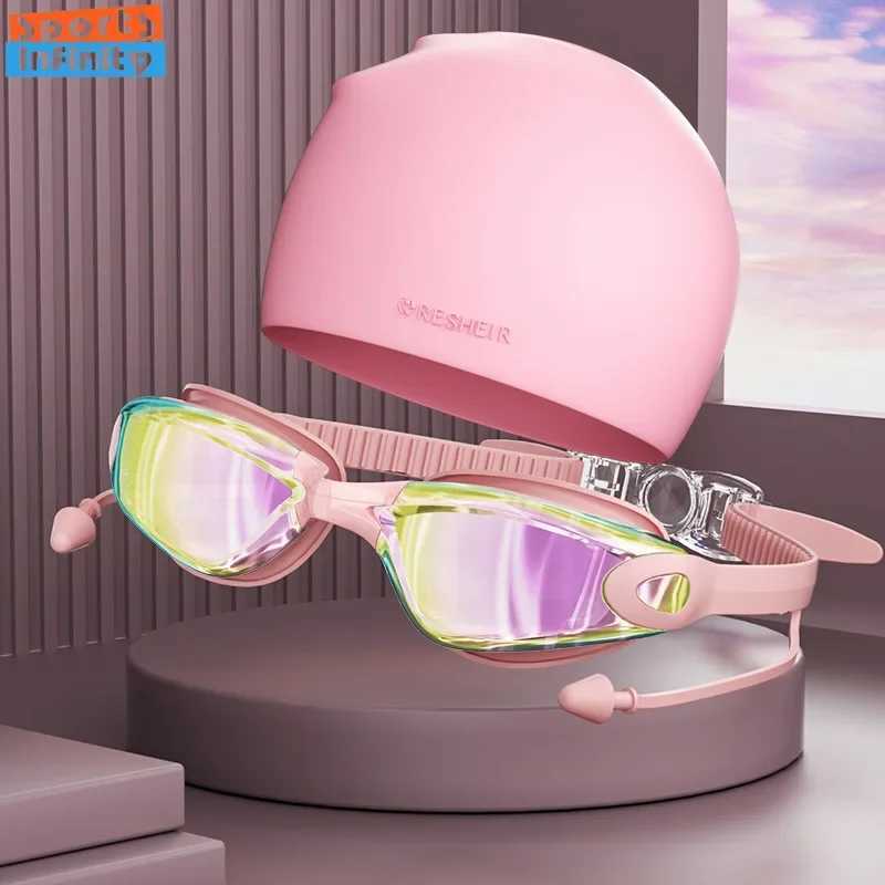 Adult high-definition swimming goggles womens waterproof and anti fog electroplated swimming goggles mens silicone swimming cap unisex version CL24100