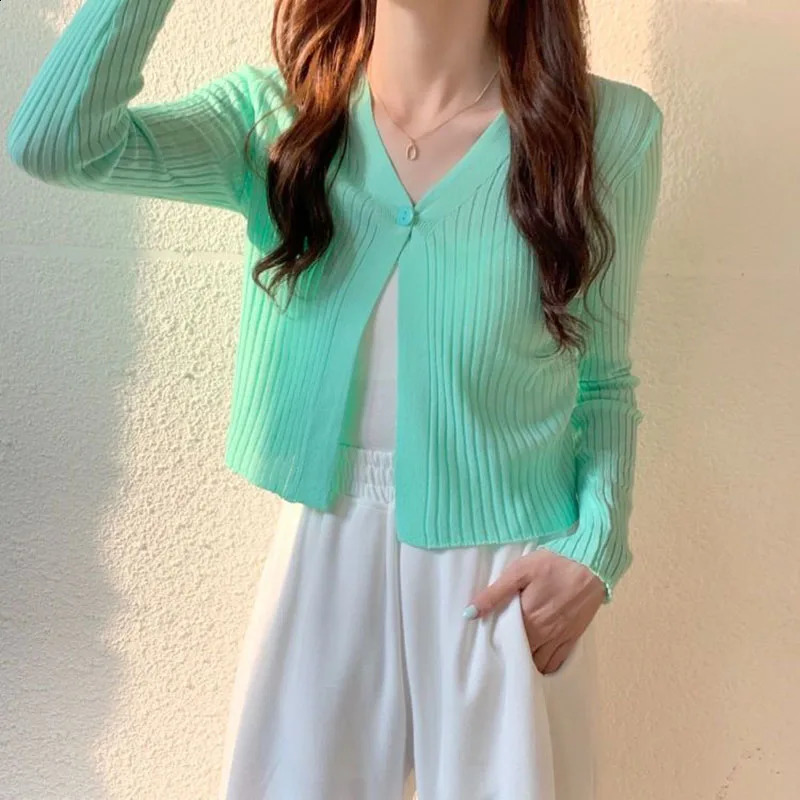 Xpqbb Knitted Cardigan for Women Korean Chic Single Buckle Cropped Cardigans Woman Autumn Ribbed Long Sleeve Vneck Sweater Coat 241007