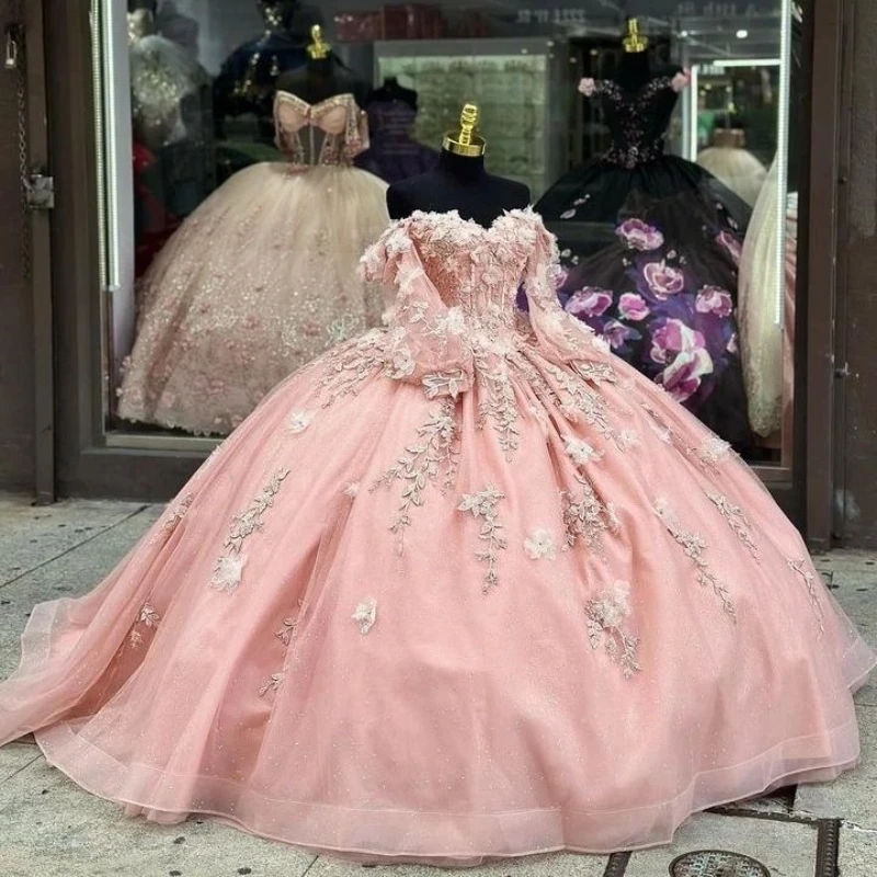 Light Pink Shiny Princess Sweetheart Ball Gown Quinceanera Dresses Long Sleeve Beaded Appliques Party Gowns Vestidos De 15 Anos Sweet 16 Dress