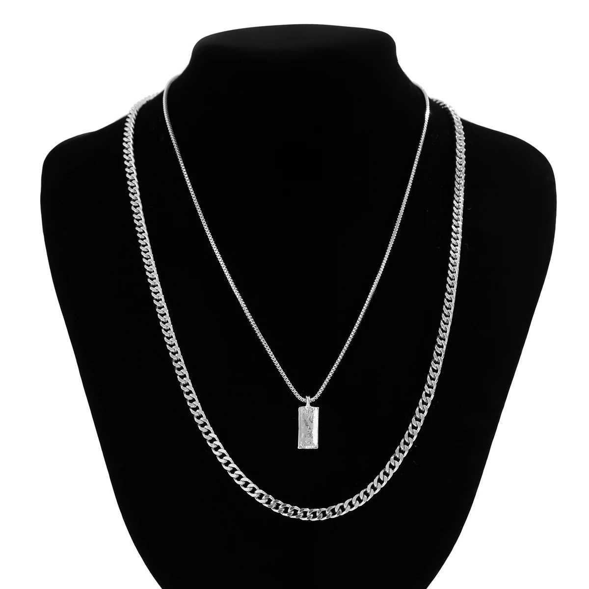 KunJoe 2pcs/set Rectangular Pendant Box Chain Necklace for Men Punk Silver Color Cuban Link Chain Choker Necklace Party W250318