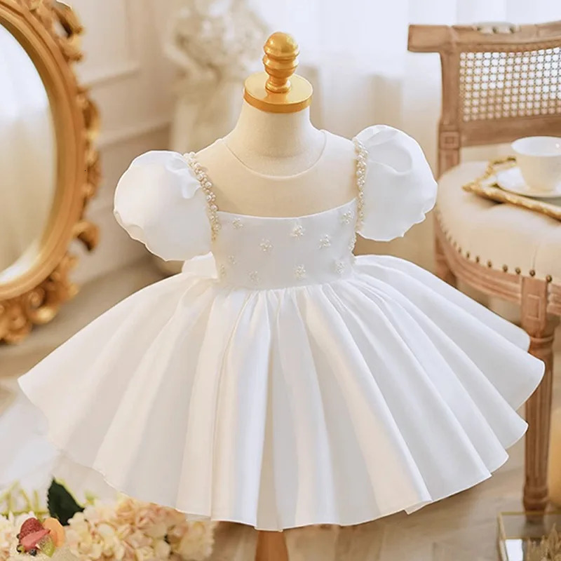 Preschool Baby Dress Bow Baptist Dress Girls 1st Birthday Party Wedding Bead Dress Formal Occasion Tutu Fluffy Dress 241008