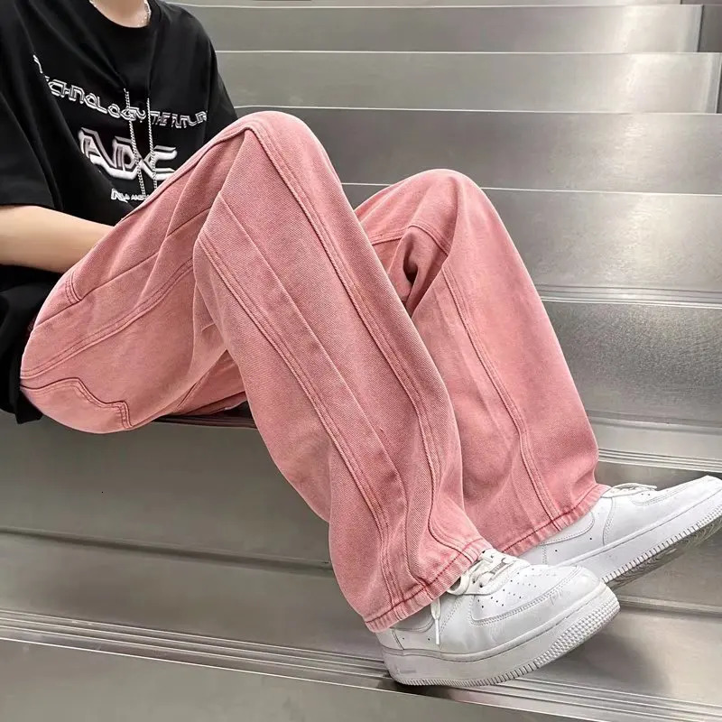 Street Vibe Style Jeans Mens Loose Straight Pants Trendy American Baggy Wide-leg Pants Pink Jeans Spring and Autumn 241009