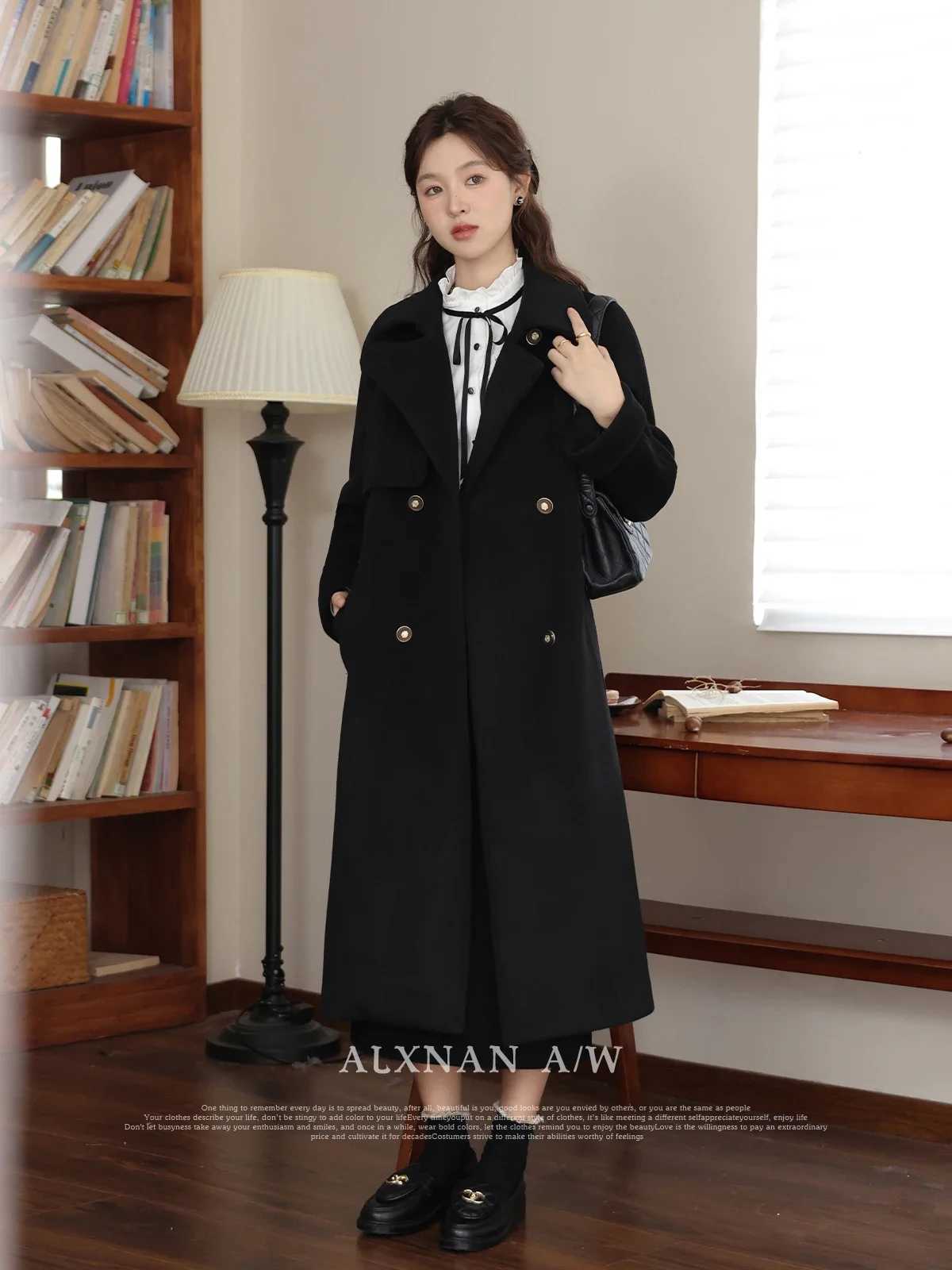 ALXNAN Womens Straight Wool Coat 2024 Commuter Casual Polo Collar Single Breasted Autumn Winter Outerwear Coats LXN32733X241009