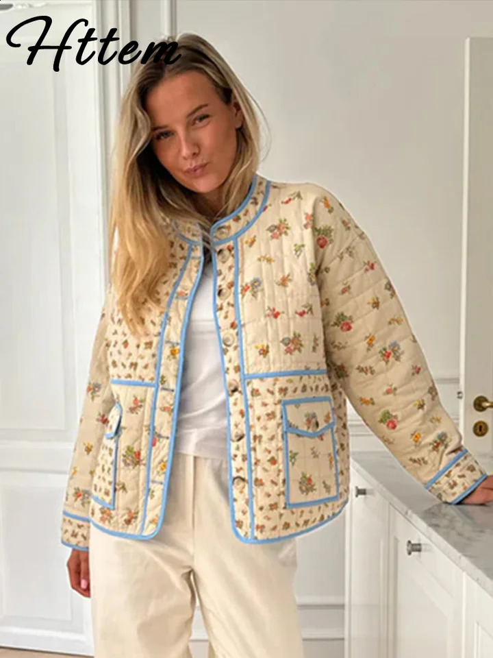 Casual printed bedding coat womens loose O-neck single chest pocket coat womens autumn and winter womens jacket 241007