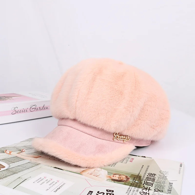 Womens autumn and winter mink hair windproof and warm retro octagonal beret 241007
