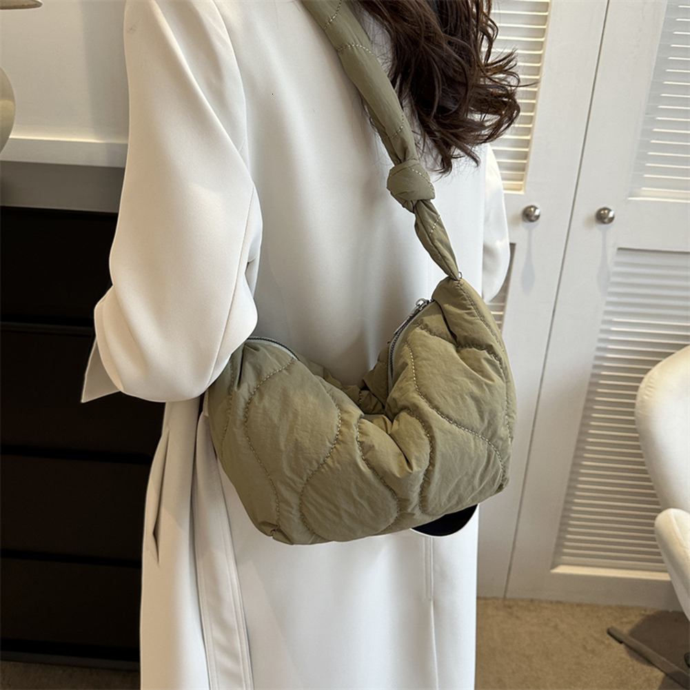 New Female Puffer Shoulder Trendy Soft Down Cotton Pillow Shopper Underarm Solid Color Quilted Simple Crossbody Bag
