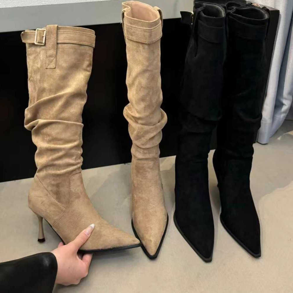 Autumn Winter Versatile Martin Boots Slimming Pile Boots With Pointed Toes Fashion Boots Thin Heels High Heels Boots For Women Beautiful Knee High Boo