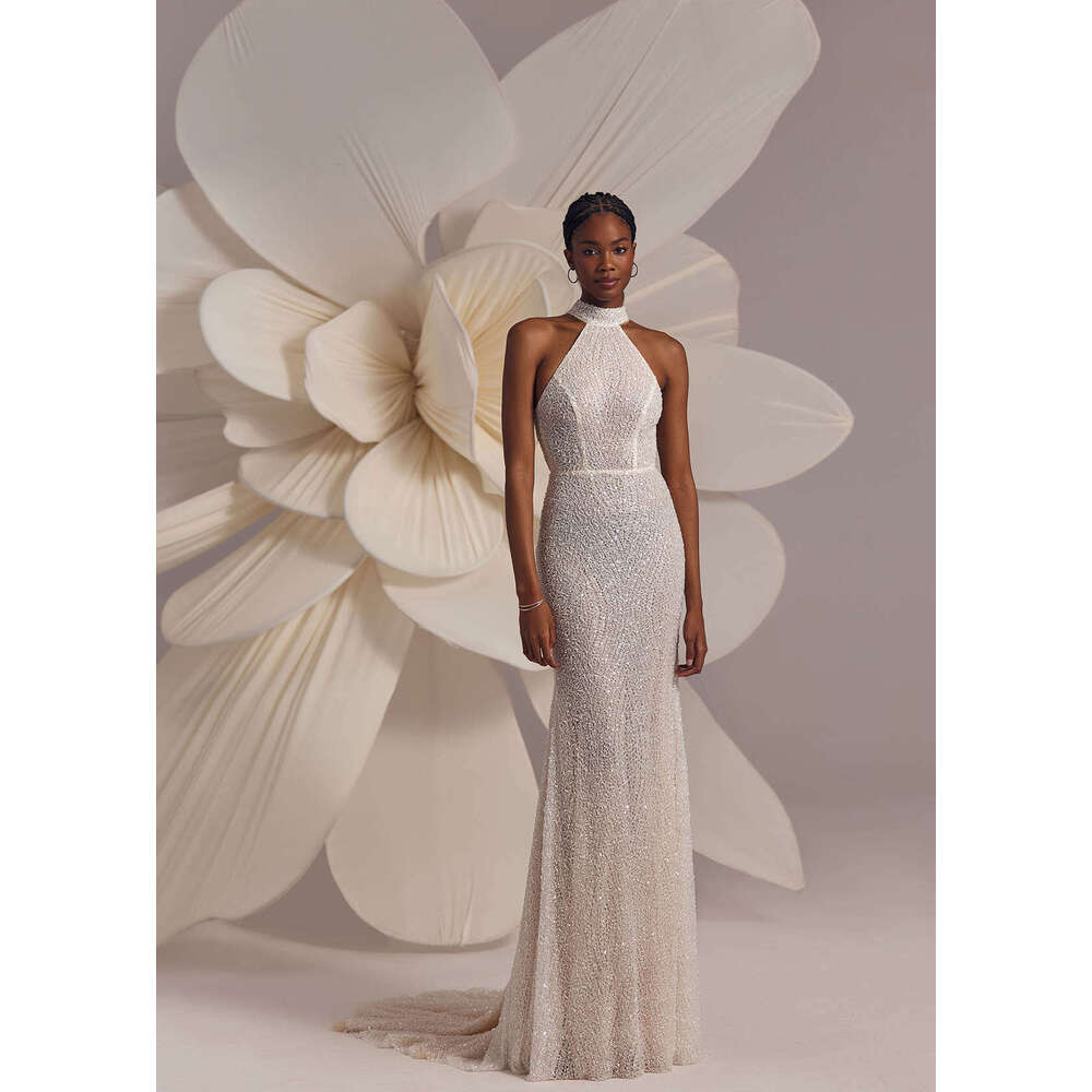 New Arrival Wedding Dress Mermaid Halter Sequined Sleeveless Backless Gorgeous Bride Vestido De Noiva Custom Made