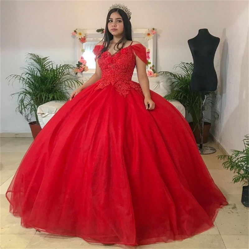 Elegant Red Quinceanera Dress Cap Sleeve Lace Ball Gown Vestido De Debutante 15 Anos Floor Length Tulle Sweet 16 Dress Birthday Vestidos De Xv Anos Cu