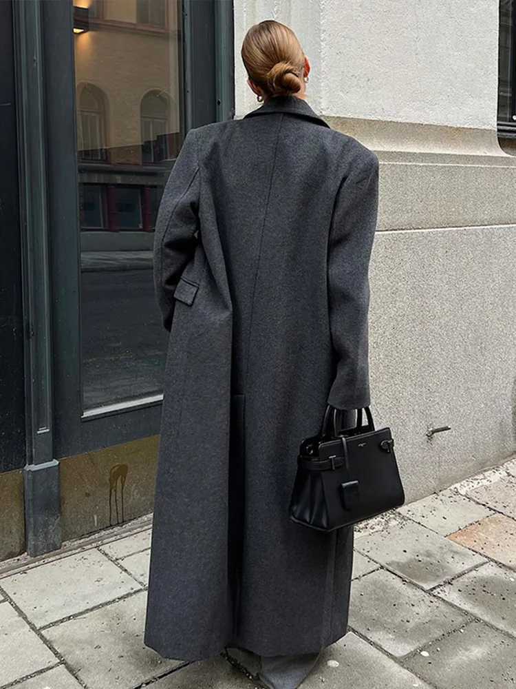 Elegant Faux Fur Long Coat Women Long Sleeve Lapel Loose Woolen Female Maxi Outwears 2024 Autumn Winter Luxury Gary Lady JacketsX241009