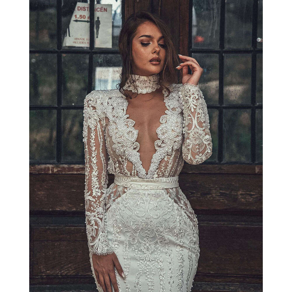Dresses Mermaid High Neck Appliques Sequined Backless Or-Length Sparkg Bride Wedding Dress Custom Made 0228Lz