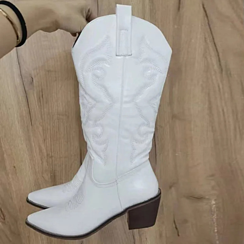 Cowboy suit womens shiny metal womens embroidered knee high slim high heels pink slippers 240923