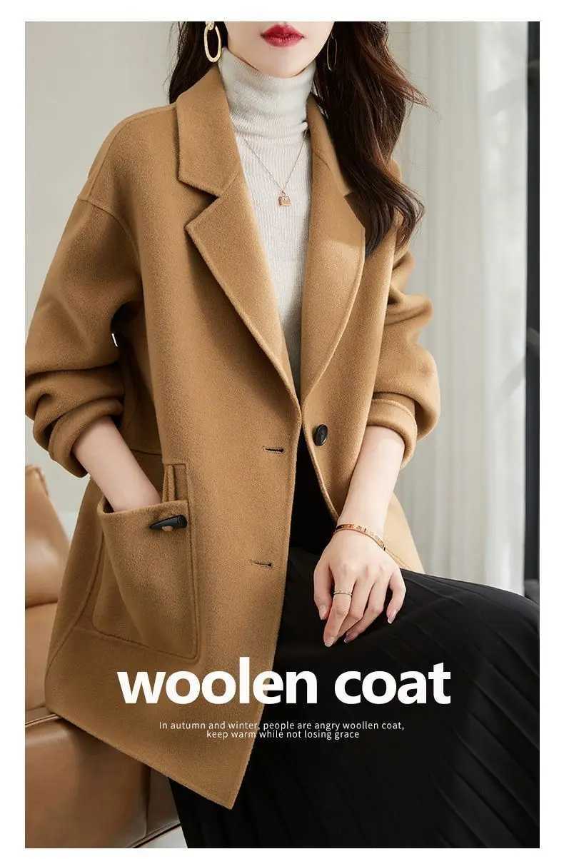 Blends Coat Women Wool Jacket Vintage Turn Down Collar Pockets Spliced Long Outwear Button Elegant Thick Autumn WinterX241009