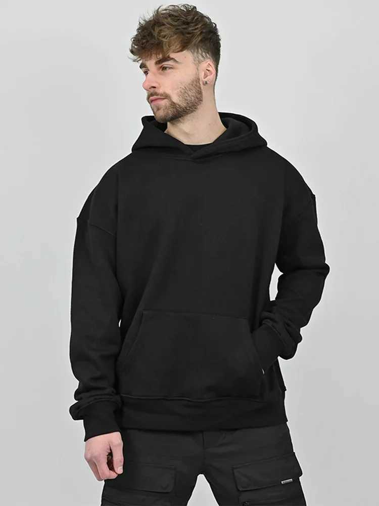 Men's Hoodies Sweatshirts Mens Tracksuits Fashion Solid Plush Tracksuit Large Pocket Hooded Pullover Autumn Winter Elastic Drawstring Sports Q241
