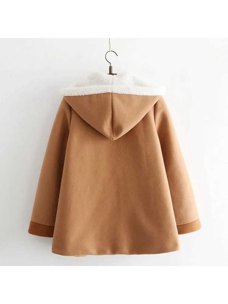 JK Mori Girl Cute Heart Embroidered Women Woolen Hooded Coat Winter Bow Sweet Kawaii Loose Brown Jackets Thick Warm OutwearX241009