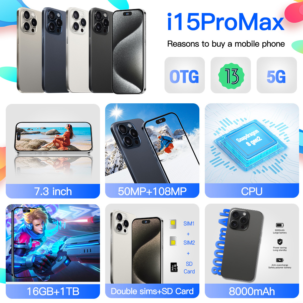 15 Pro Max Mobile 6.8-inch HD Screen Android 14 Phone Snapdragon 8 Gen3 CPU,16GB+1TB Cell Phone,72MP+108MP Camera Pixels 7800mAh Battery 5G Dual SIM C