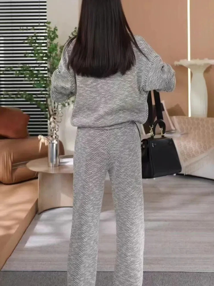 Fashion casual striped top sports twopiece set for womens spring and summer items loose fit slim wide leg pants 241008