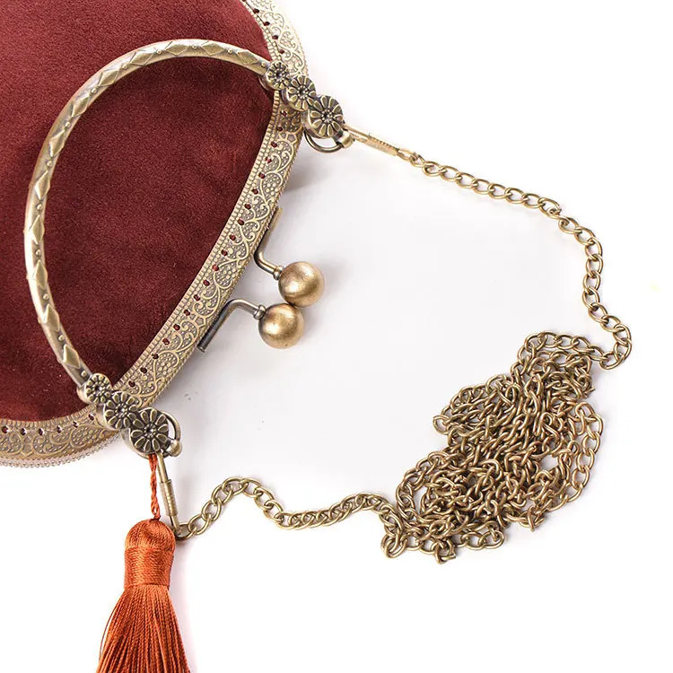 Womens Retro Handmade Velvet Minimalist Simple Hanbok Bag Womens Chinese Wedding Edge Small Size Phone Side Strap Shoulder Bag 241008