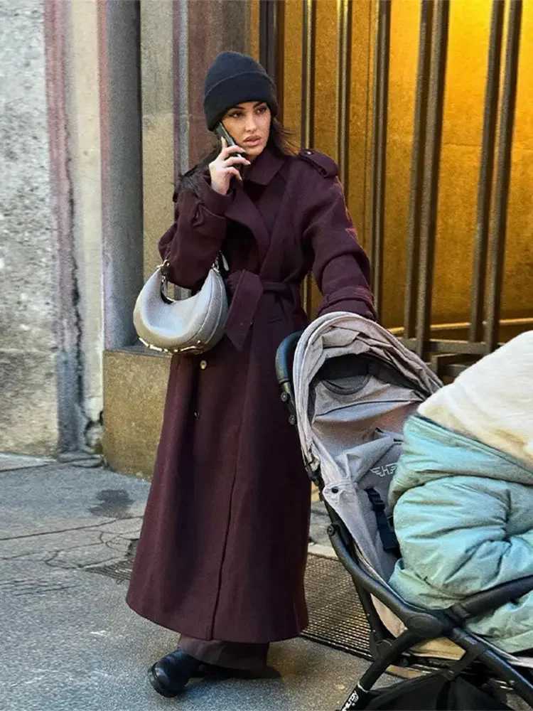 Wine Red Double Breasted Woolen Trench Coat Women Casual Lapel Long Sleeves Long Overcoat 2024 New Lady Commute Office OuterwearX241009