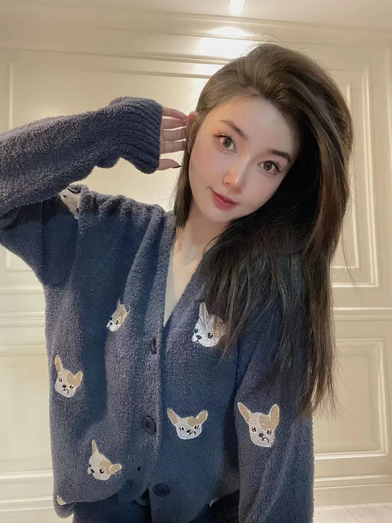 Autumn Winter Fashion Casual Pama Sets V-Neck Cardigan Trousers Pijamas Feminino Cute Cartoon Embroidery Loose Homewear Suit