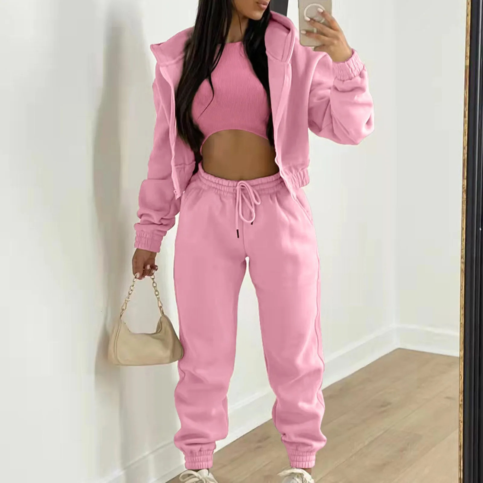 Womens 3piece casual long sleeved zipper hooded sweatshirtribbed vestwaist sports pants jogging set 241008