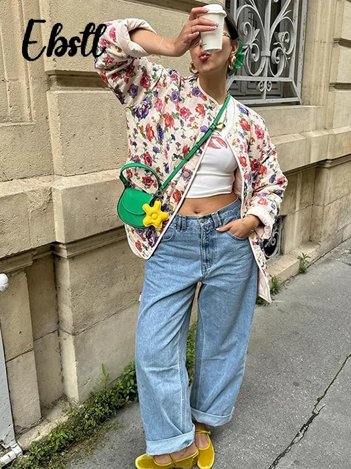 Fashion printed cotton jacket for women elegant O-neck single chest pocket jacket autumn womens casual top 241007