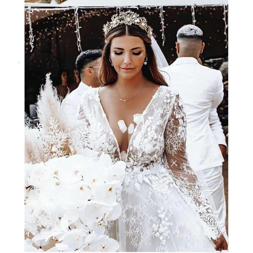 Size Stock Wedding Plus Dresses With Long Sleeve 2022 Sexy Deep V Nneck Lace Ral Bohemian Beach Bride Robes Gown Ve e