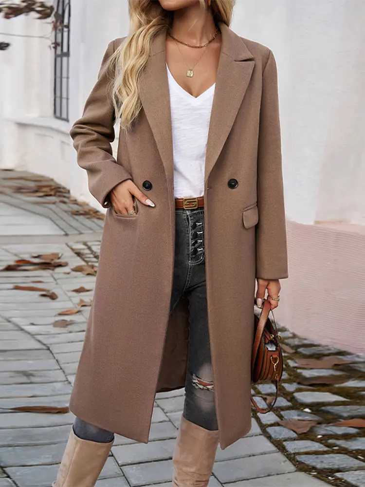 Woollen Blends Overcoat Coat Women Elegant Long Sleeve Button Single Breasted Solid Outwear Winter Casual Fashion StreetwearX241009