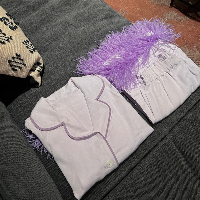2024 Long Sleeved Sleepwear 100% Ostrich Feather Pamas For Women Home Clothes Two Piece Purple Pama Set Party Wear