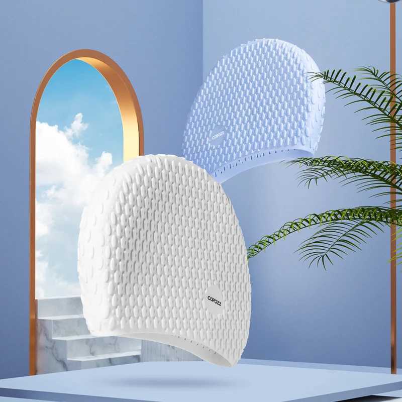 Summer solid color particle swimming cap high elasticity silicone waterproof earmuffs mens womens and adult swimming pool caps CL241009